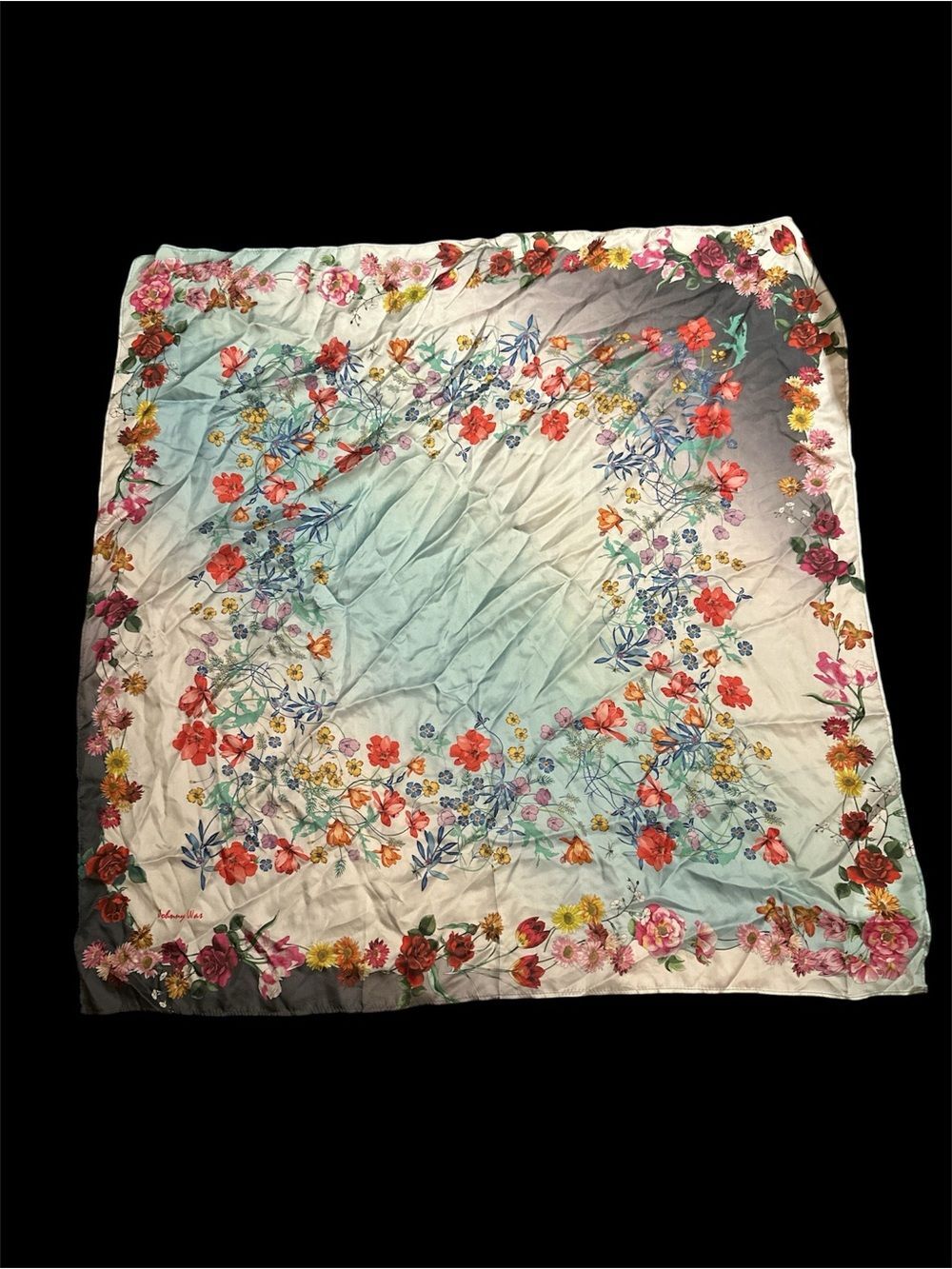 Johnny Was Silk Scarf with Red Logo and Pastel Accents